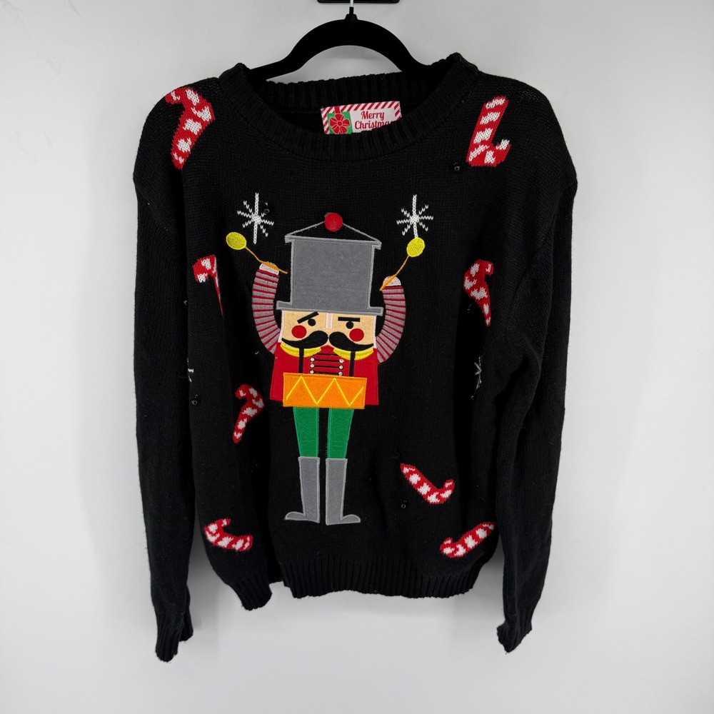 Merry Christmas Nutcracker Sweater Mens M Black Acrylic Ugly Holiday Party Knit
